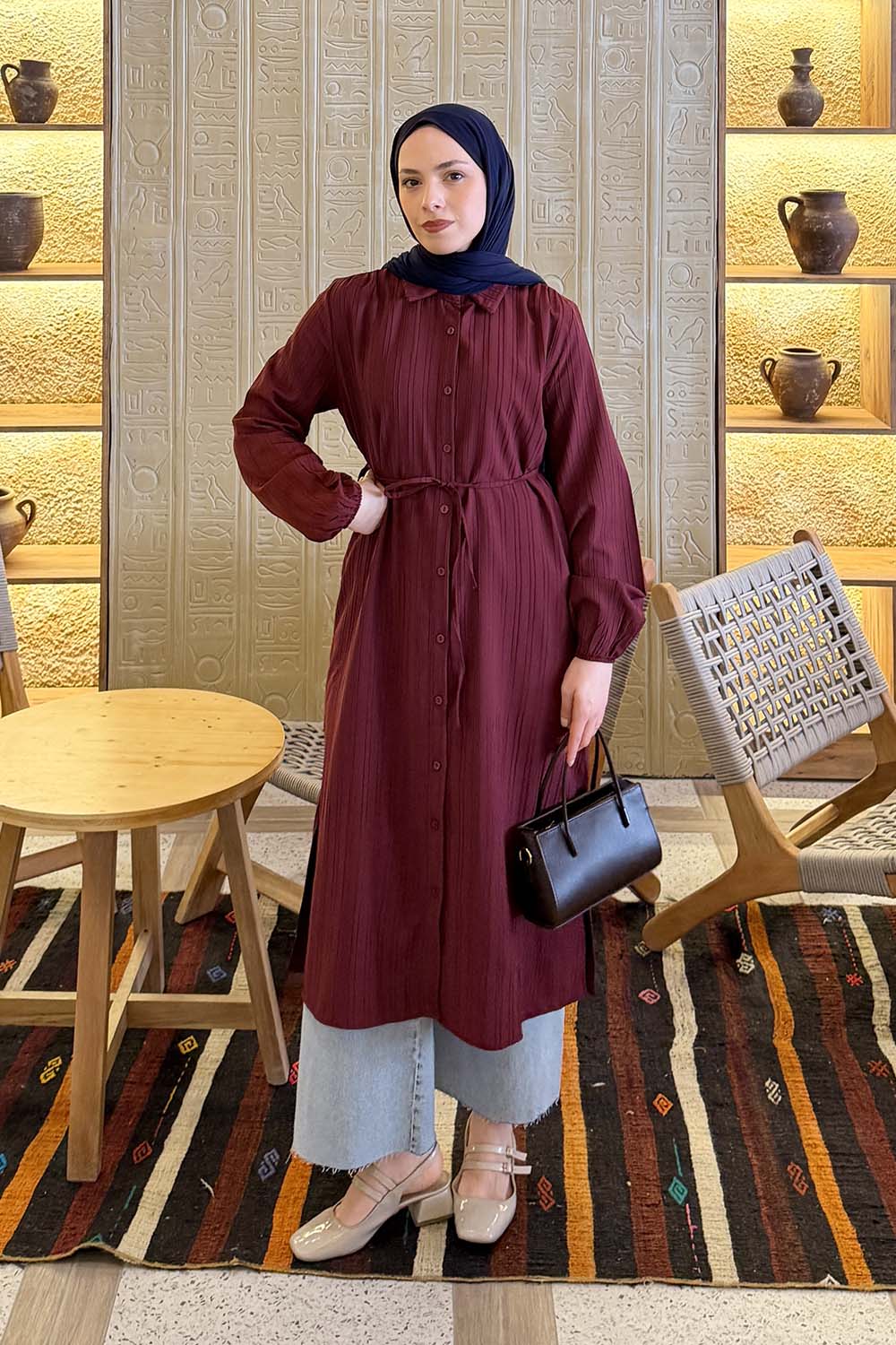 Lamelif Arka Roba Büzgü Detaylı Elbise Bordo