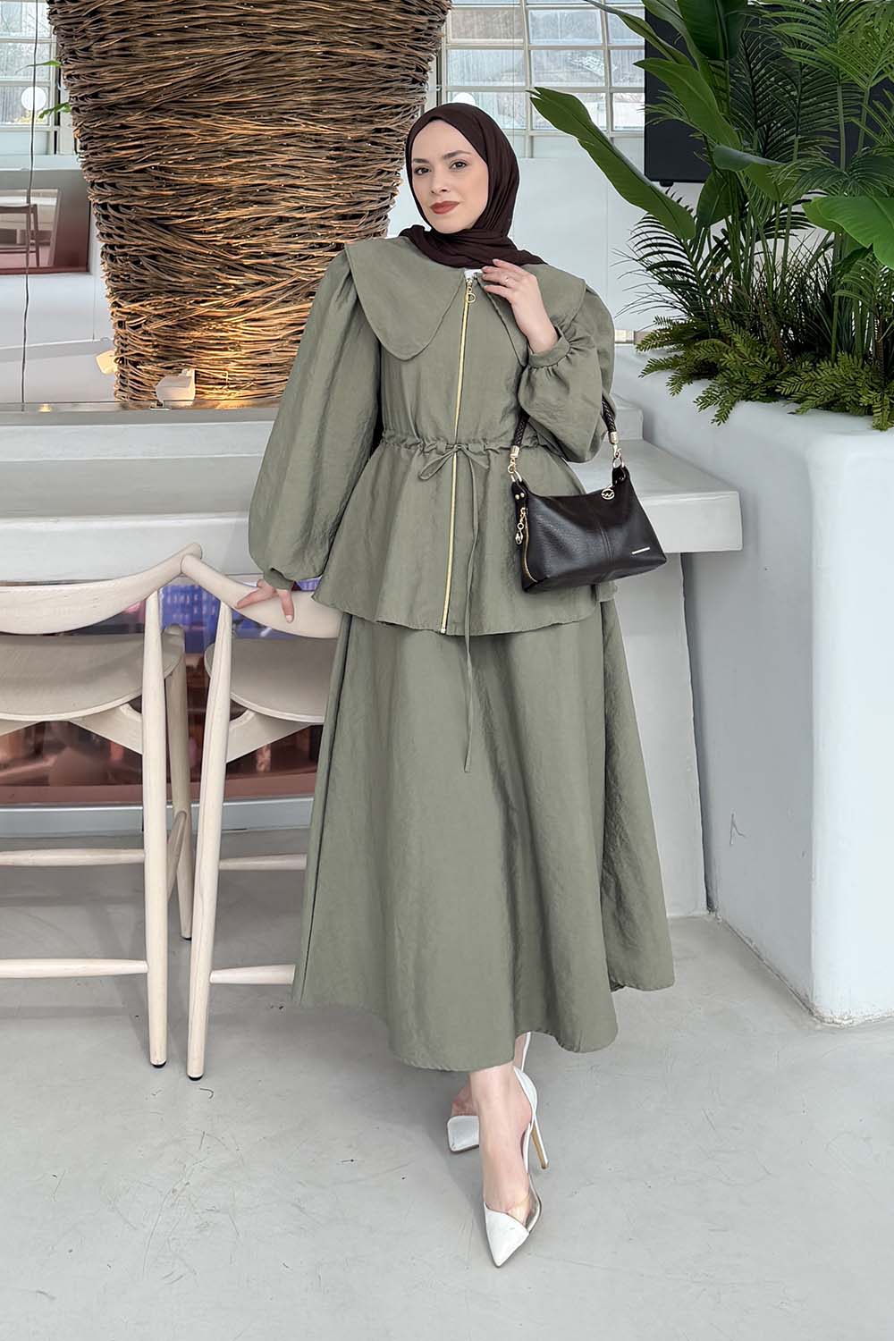 Army Green Peter Pan Collar Long Arm Ayrobin Straight Skirt Suit