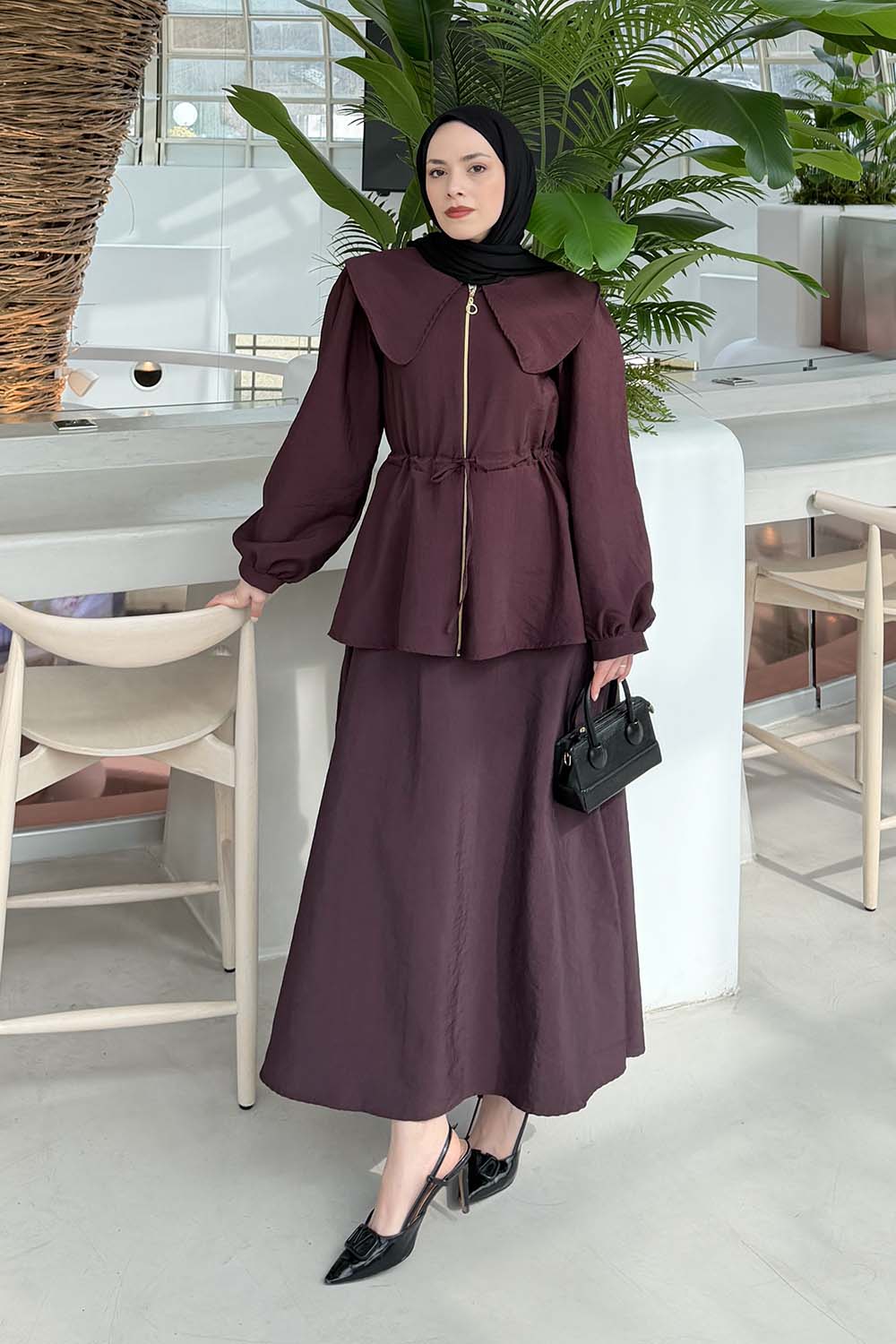 Lamelif Bebe Yaka Fermuarlı Takım Mürdüm