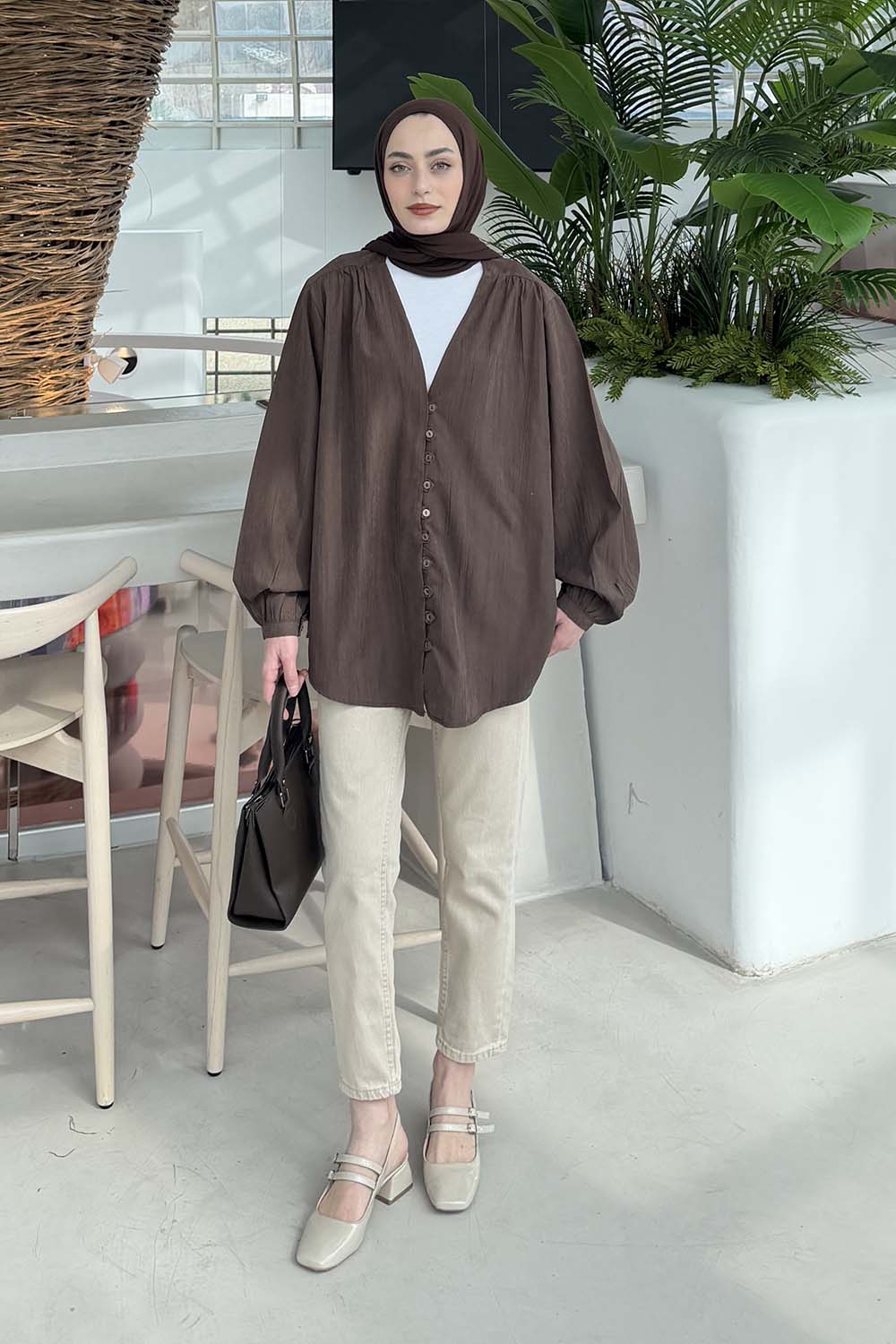 Bitter Brown V Neck Long Arm Suede Shirt