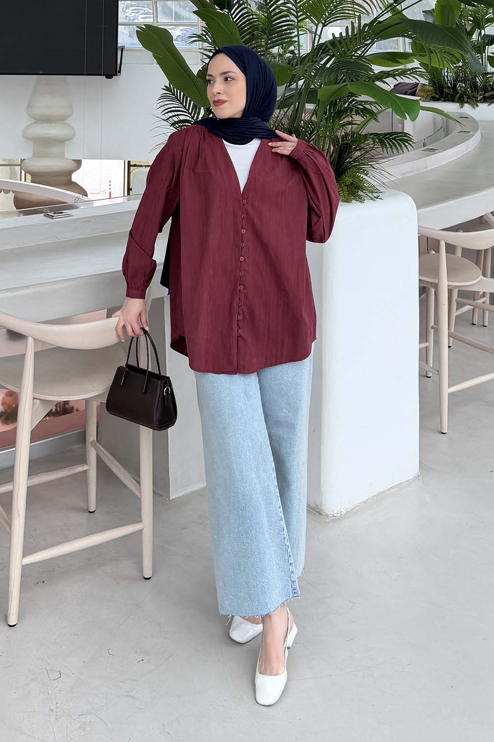 Claret Red V Neck Long Arm Suede Shirt