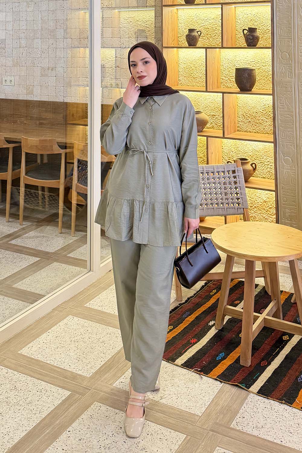 Lamelif Büzgü Detaylı İkili Takım Mint Yeşili