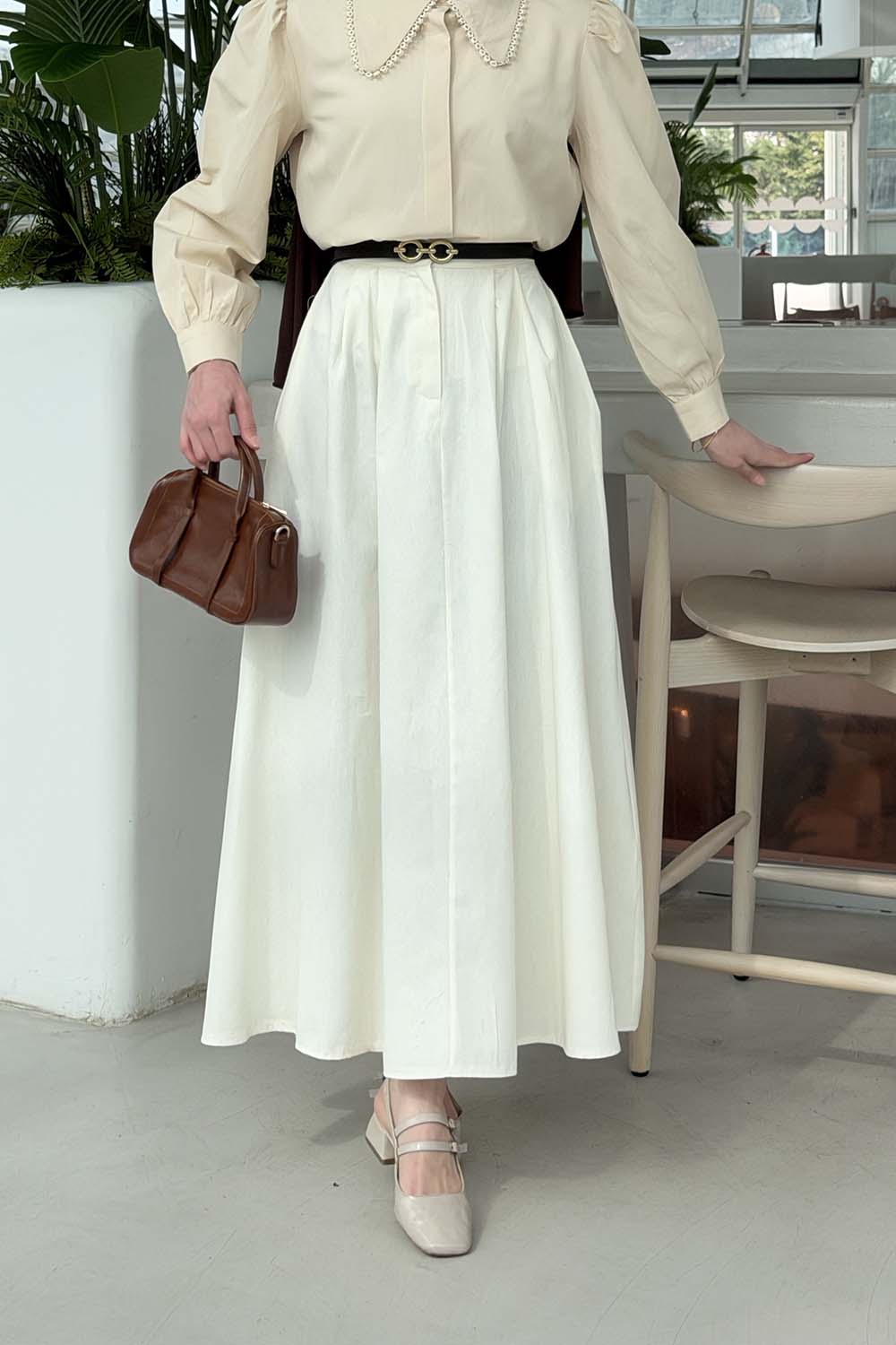 Lamelif Cep Detaylı Kloş Keten Etek Krem