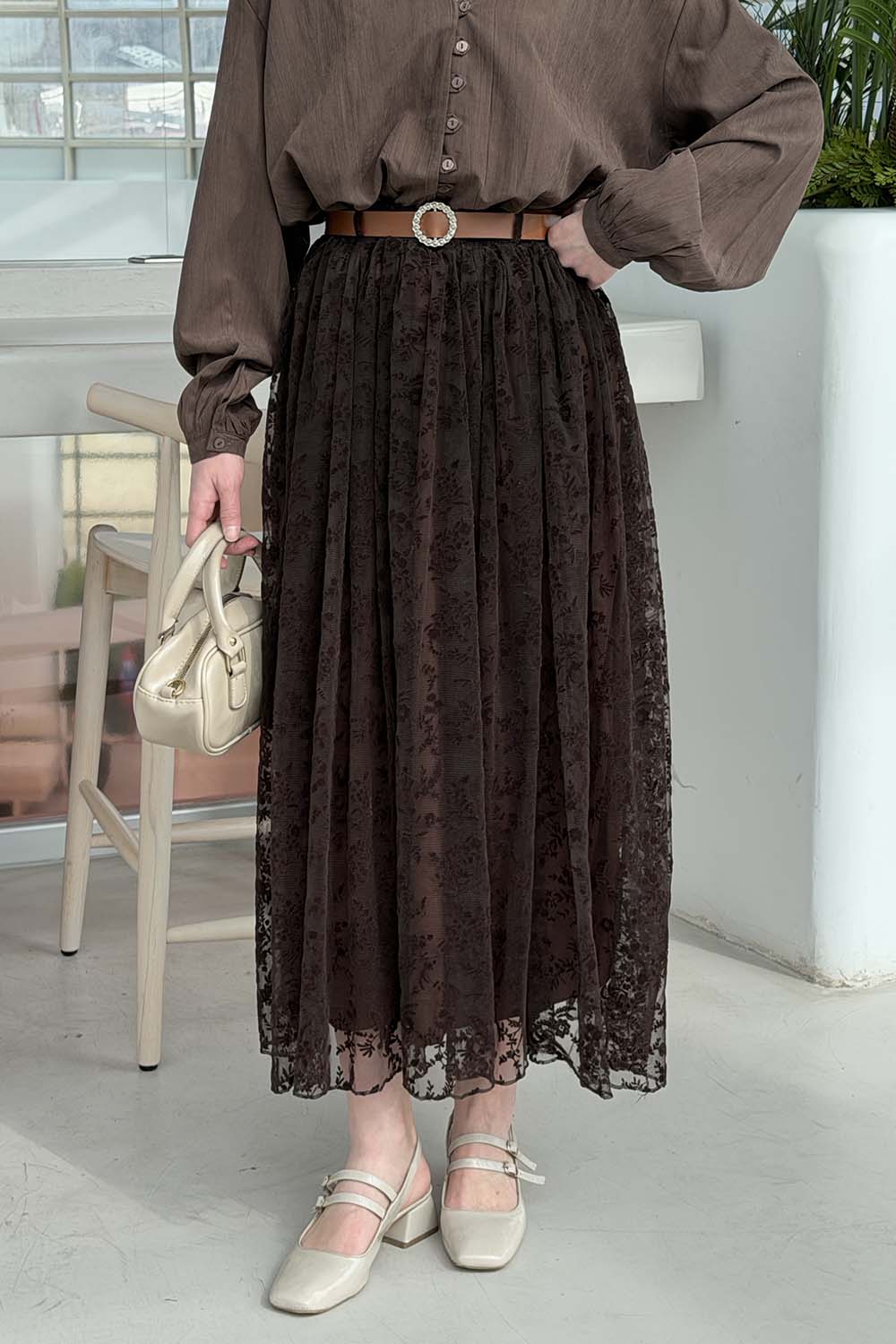 Lamelif Çiçek Baskılı Kemerli Etek Acı Kahve