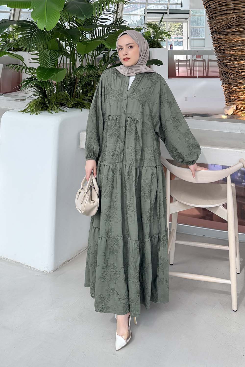 Lamelif Çiçek Desenli Elbise Haki