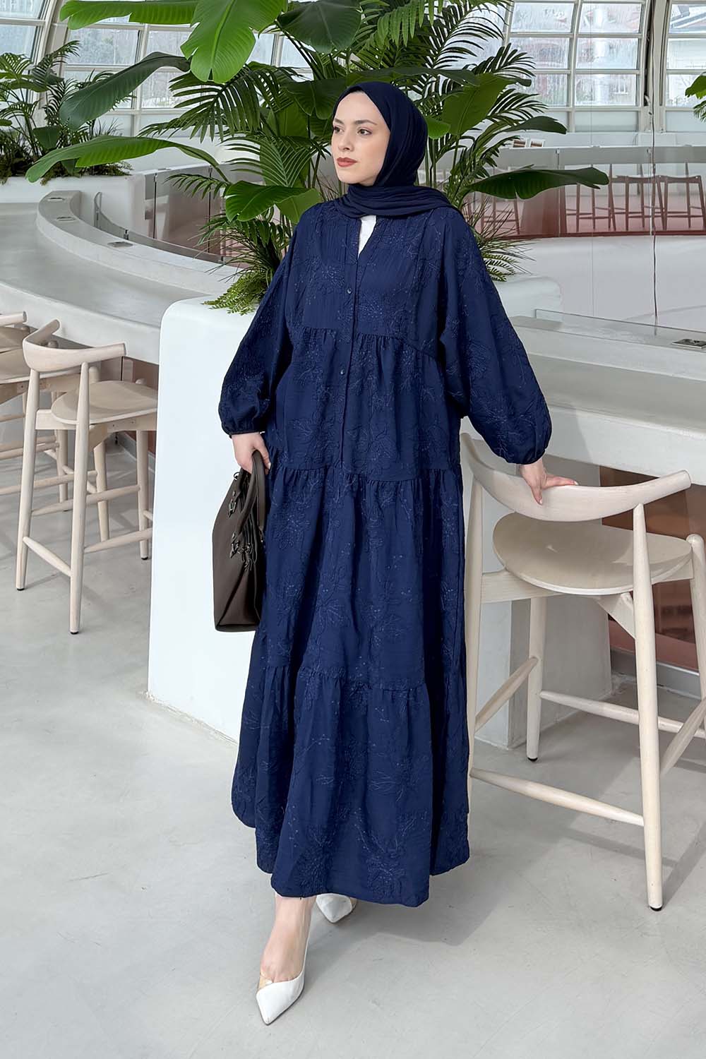 Lamelif Çiçek Desenli Elbise Lacivert