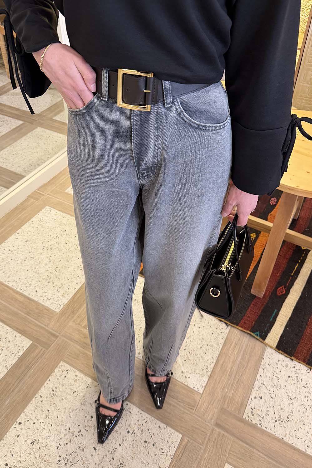 Lamelif Çift Pensli Boyfriend Pantolon Gri