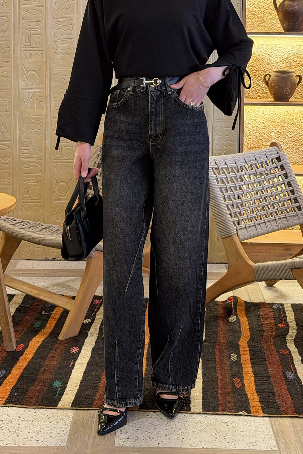 Lamelif Çift Pensli Boyfriend Pantolon Koyu Gri