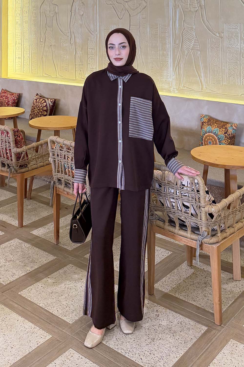 Lamelif Çizgili Pantolonlu Takım Acı Kahve