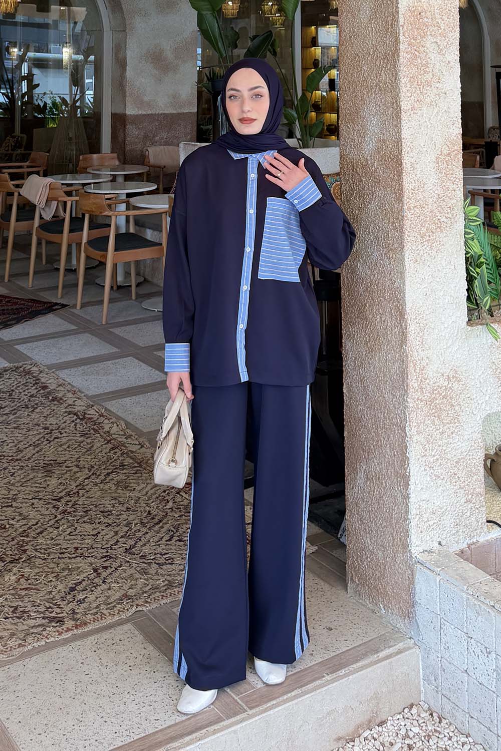 Lamelif Çizgili Pantolonlu Takım Lacivert