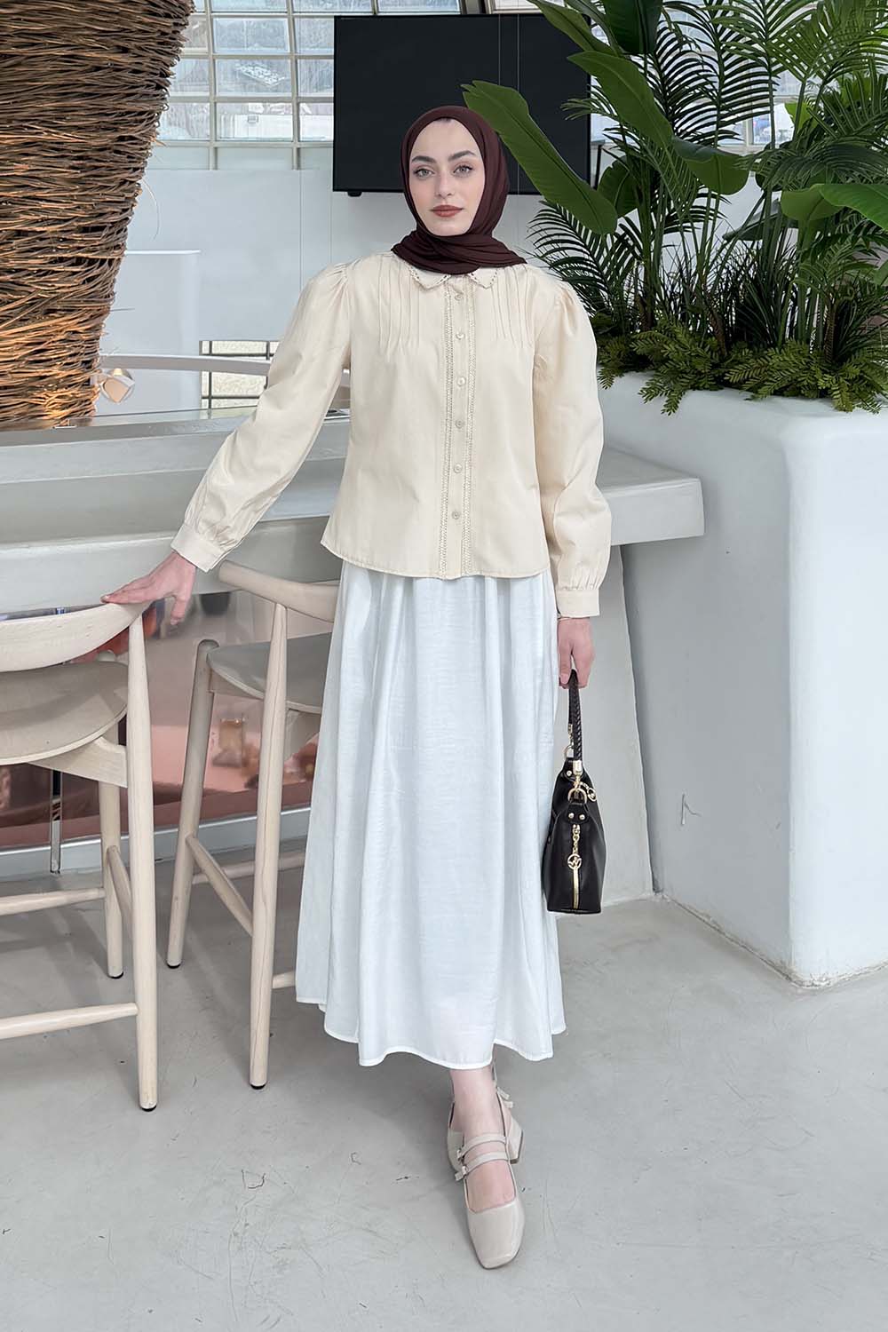 Lamelif Dantel Dikişli Gömlek Krem