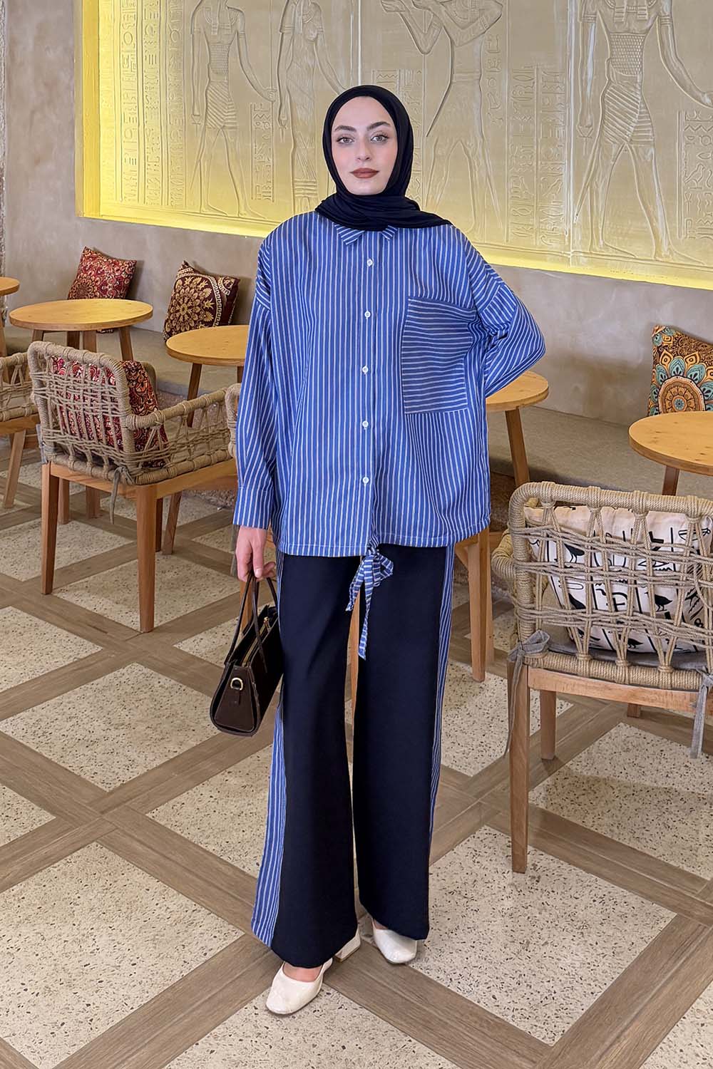 Navy Blue Shirt Collar Long Arm Cotton Polyester Regular Trousers Comfortable Suit