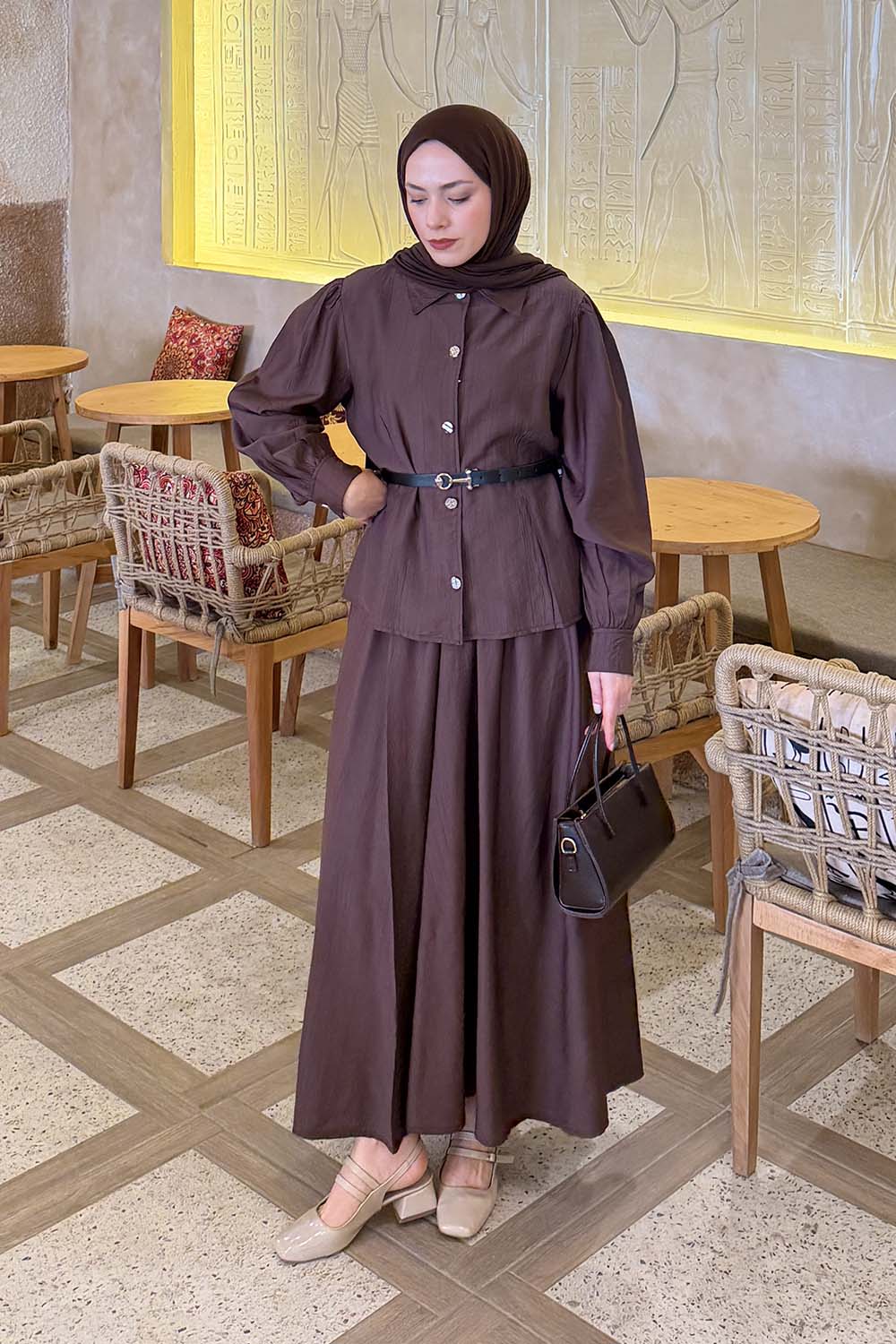 Brown Shirt Collar Long Arm Belted Cotton Flared Skirt Suit