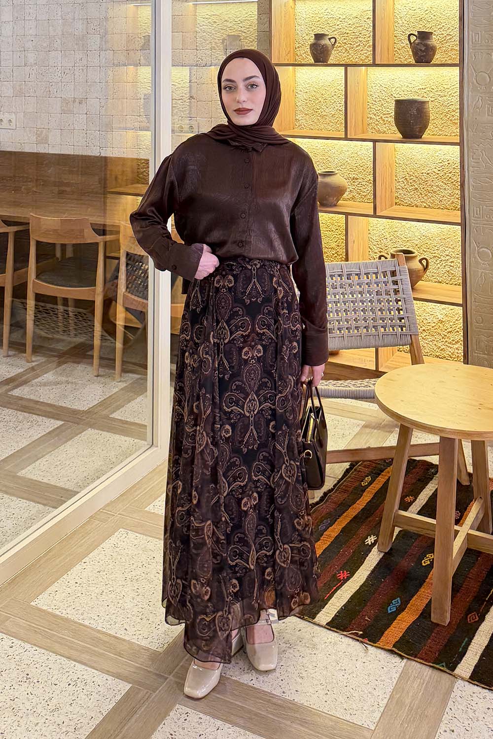 Lamelif Kırınkıl Kumaş Tesettür Gömlek Acı Kahve