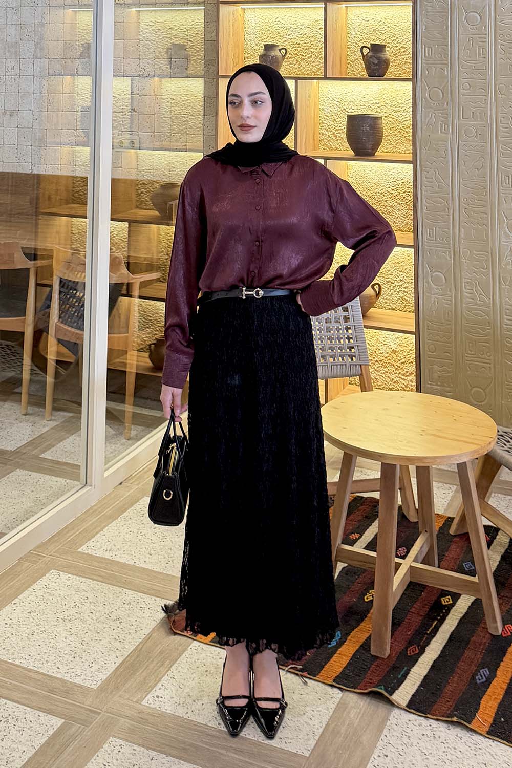 Lamelif Kırınkıl Kumaş Tesettür Gömlek Mürdüm