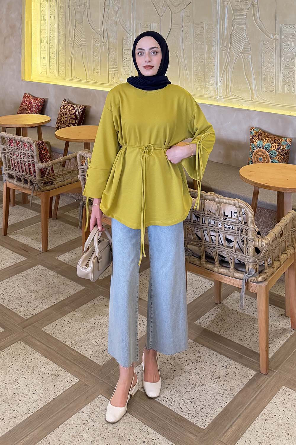 Lamelif Kol Biyeli Sweat Yağ Yeşili