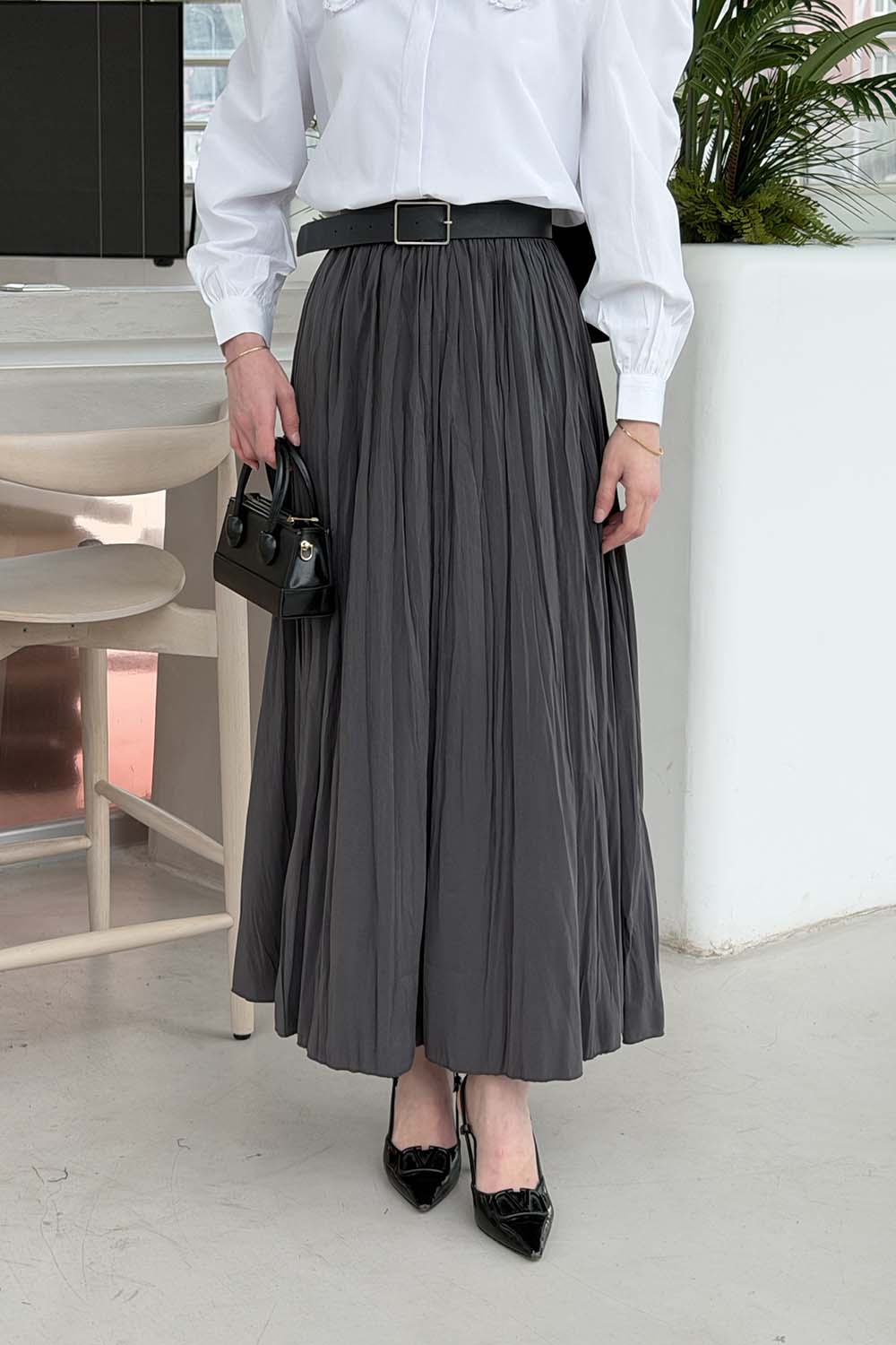 Lamelif Kraşlı Tesettür Etek Gri