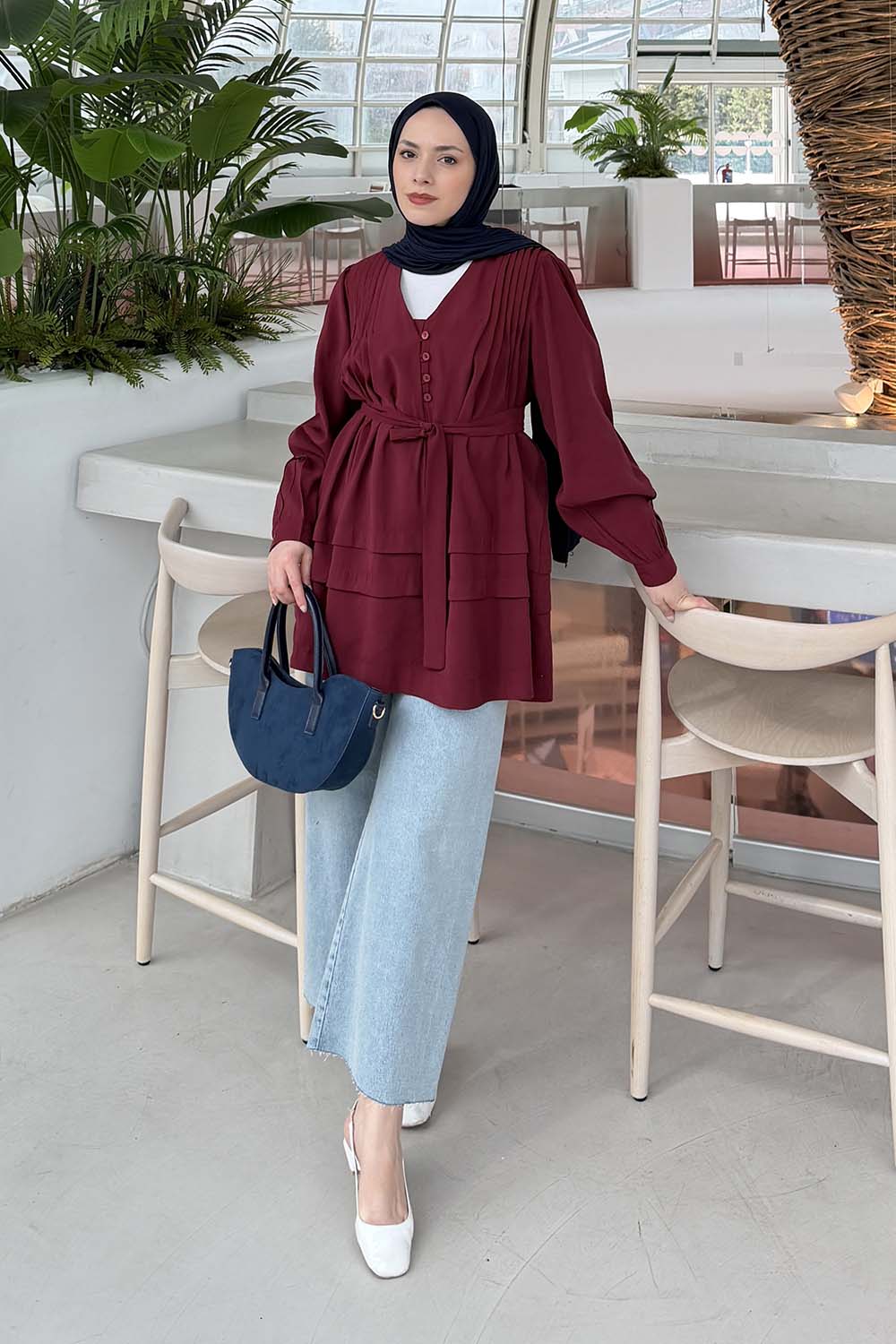 Lamelif Kuşaklı Gömlek Bordo