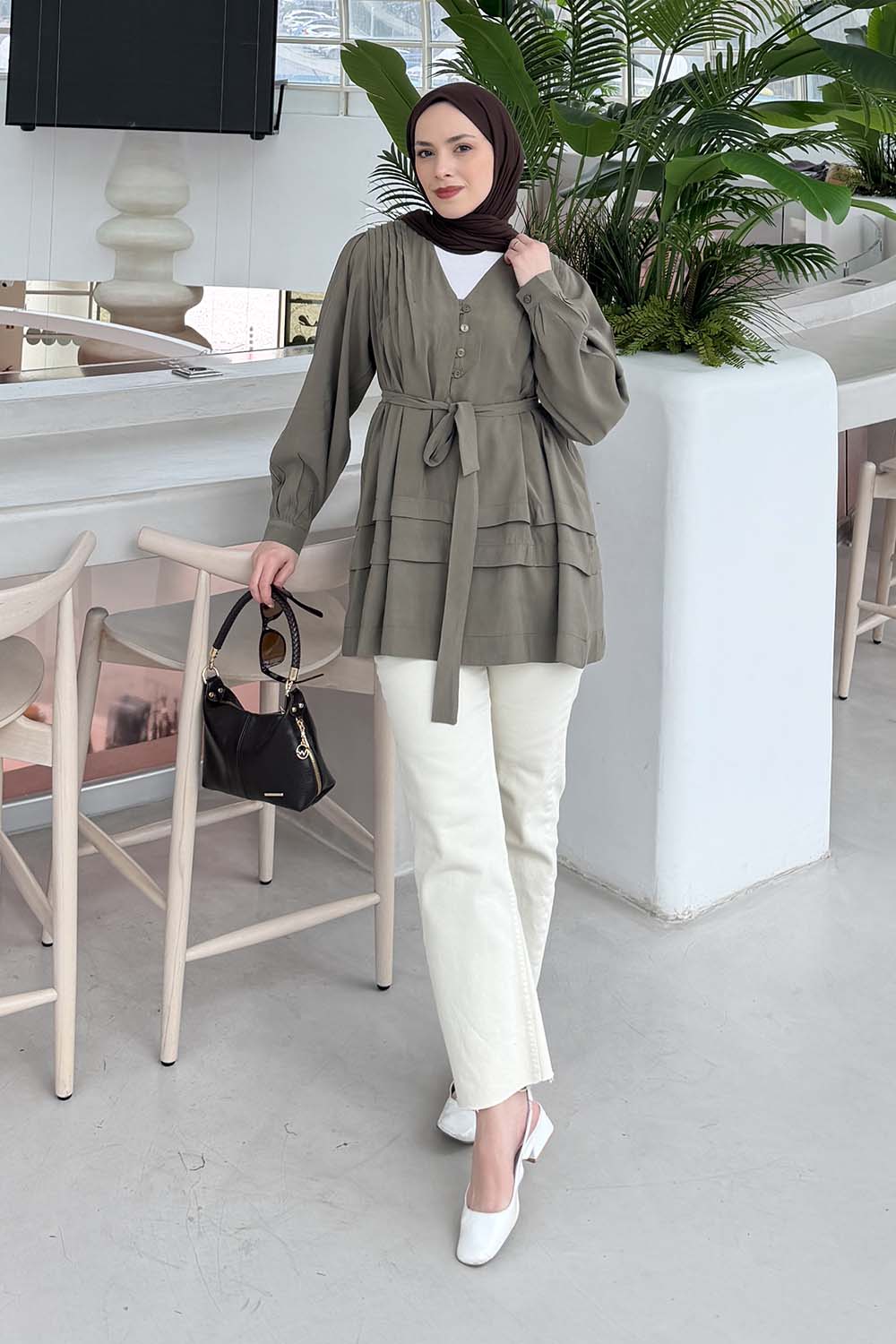 Lamelif Kuşaklı Gömlek Haki