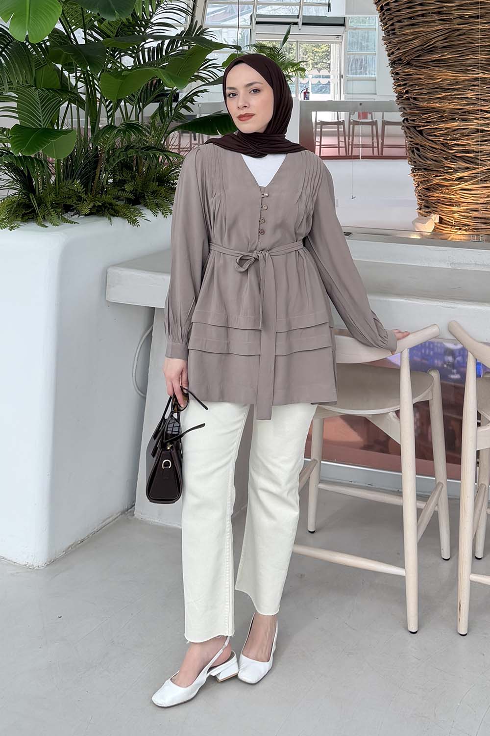 Mink V Neck Long Arm Tensel Unprinted Shirt