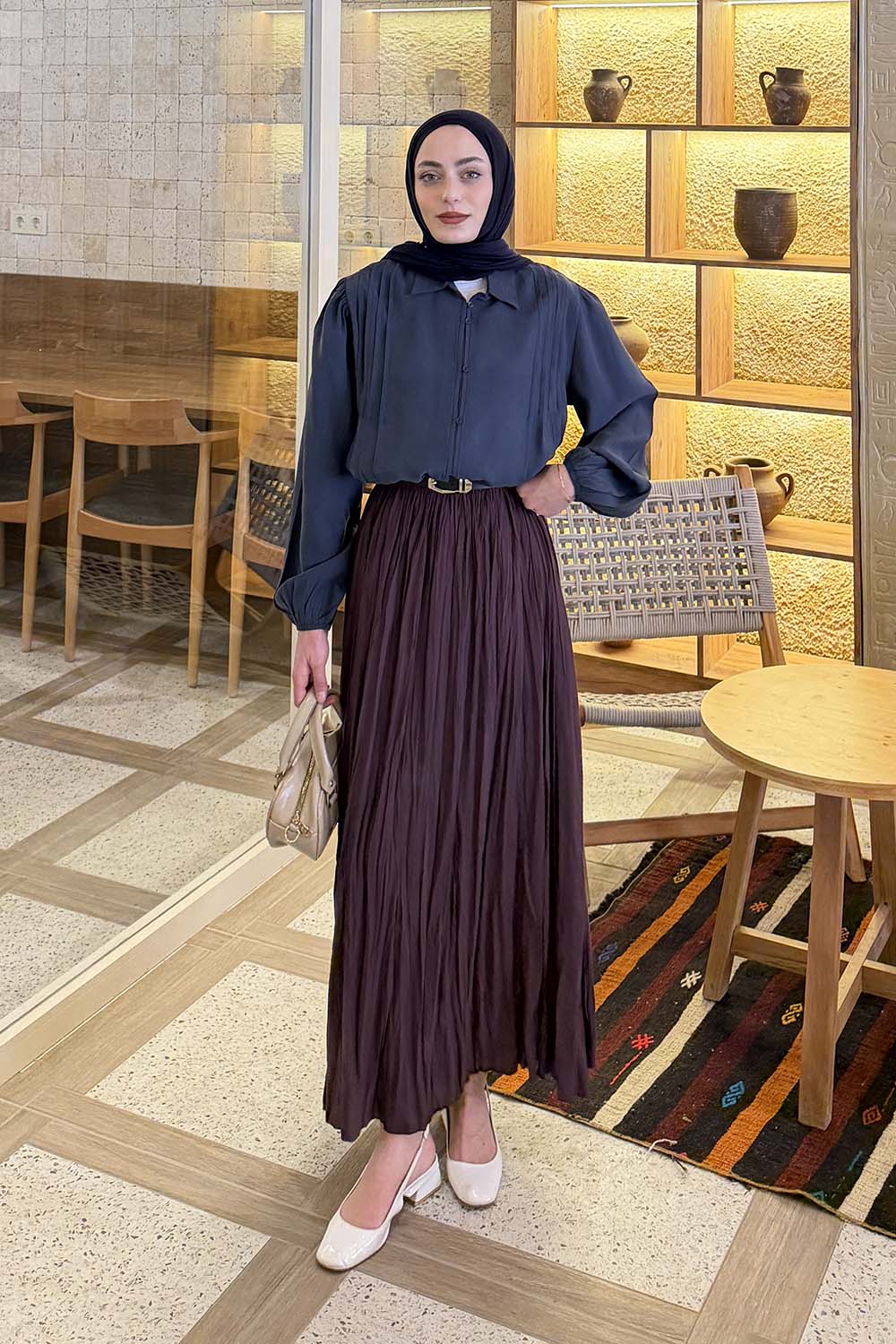 Lamelif Nervürlü Dökümlü GömlekLacivert