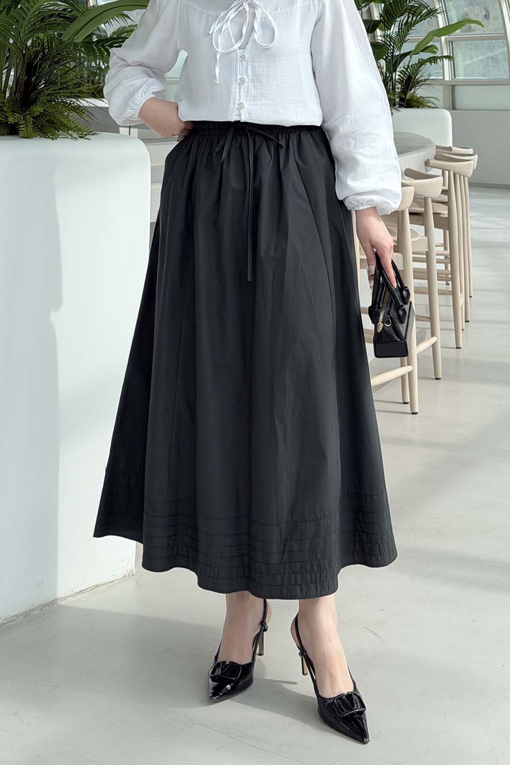 Lamelif Poplin Kumaş Tesettür Etek Koyu Haki