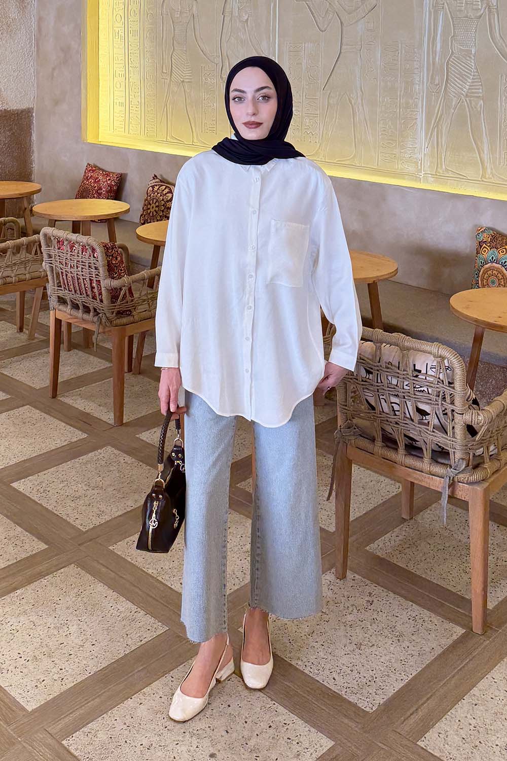 Lamelif Tek Cep Detaylı Çizgi Geçişli Gömlek Beyaz