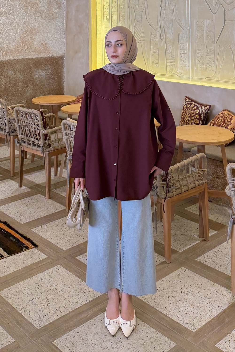 Lamelif Bebe Yaka Dantel Detaylı Gömlek Bordo