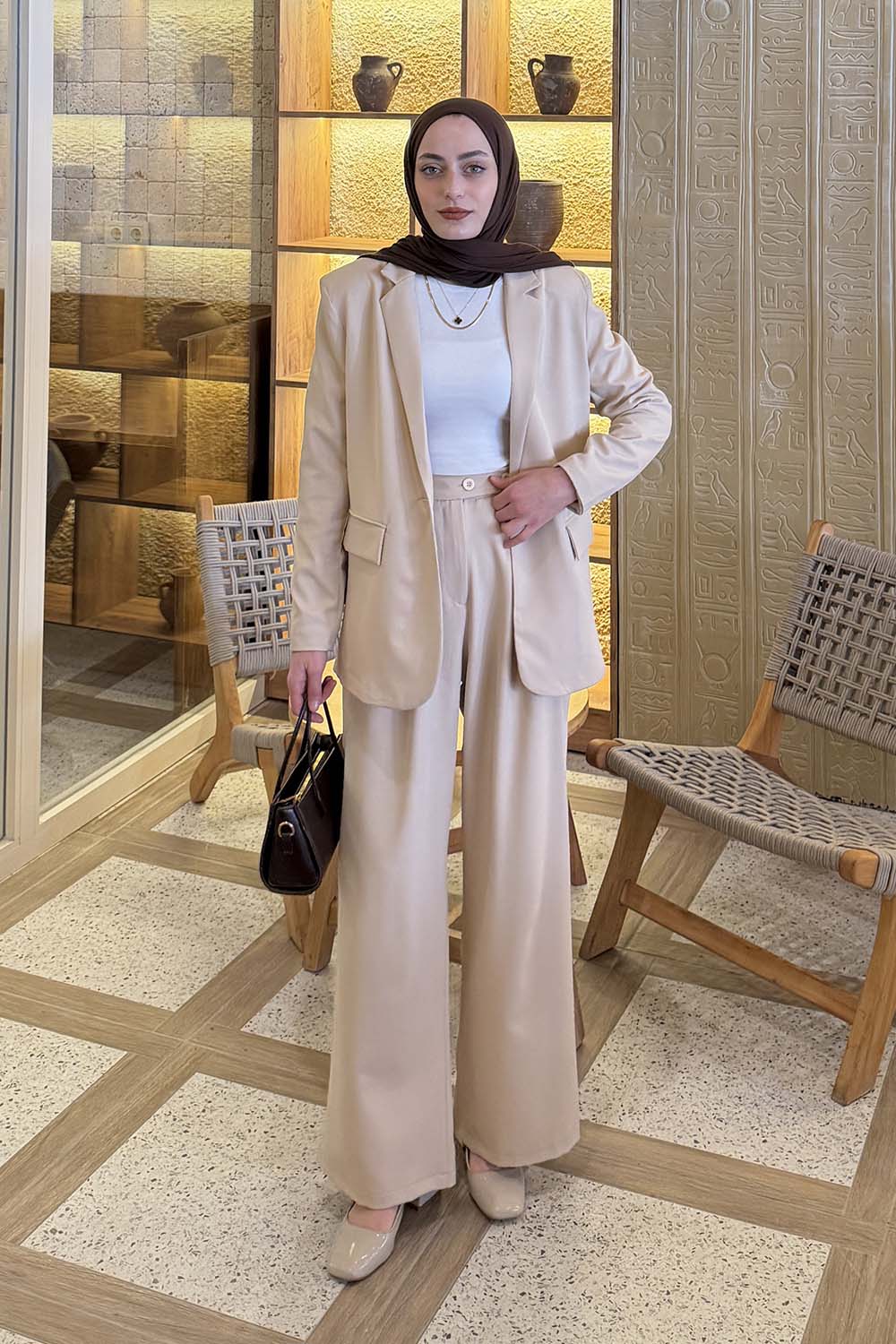 Lamelif Ceket-Pantolon Takım Krem