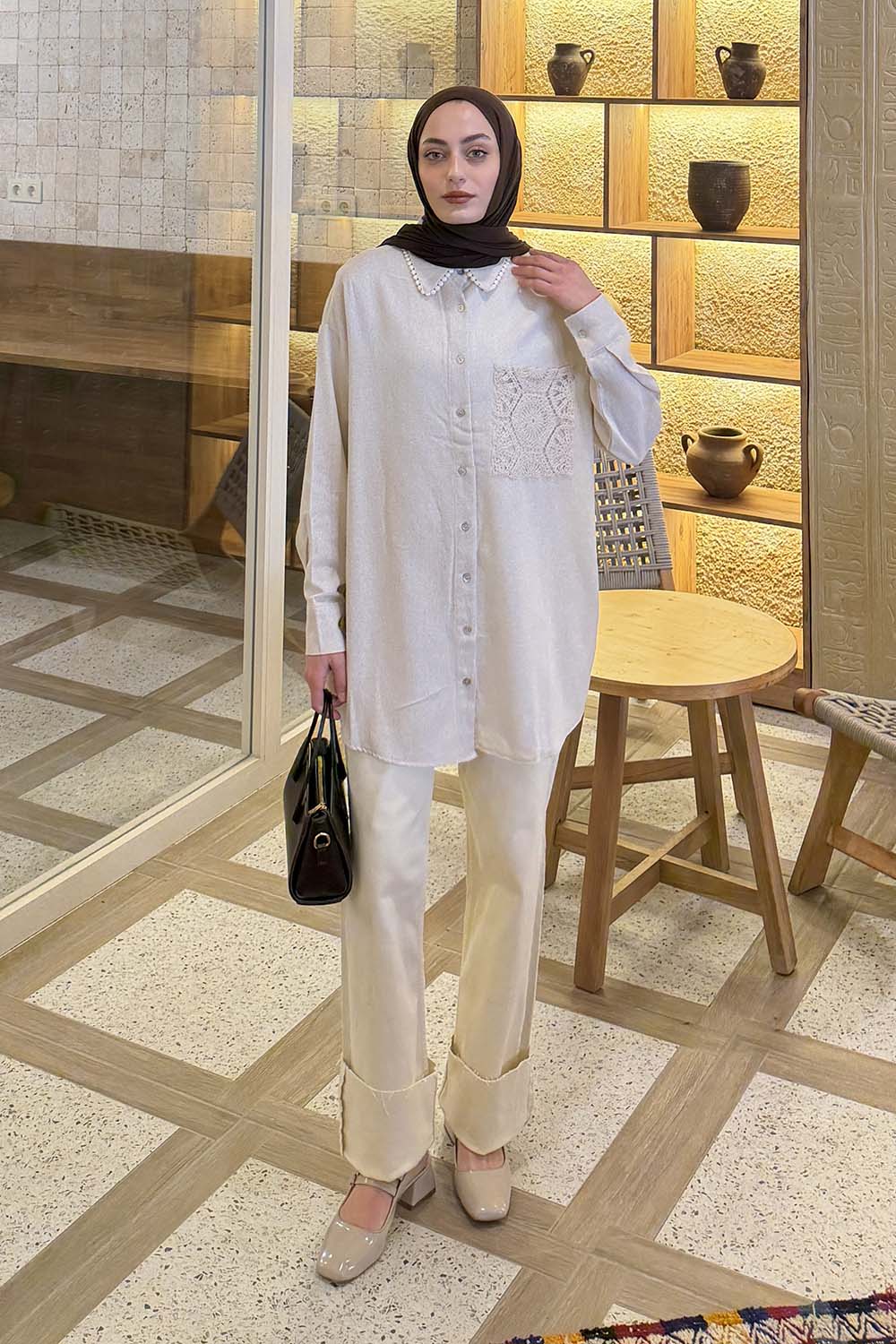 Stone Shirt Collar Long Arm Linen Unprinted Shirt