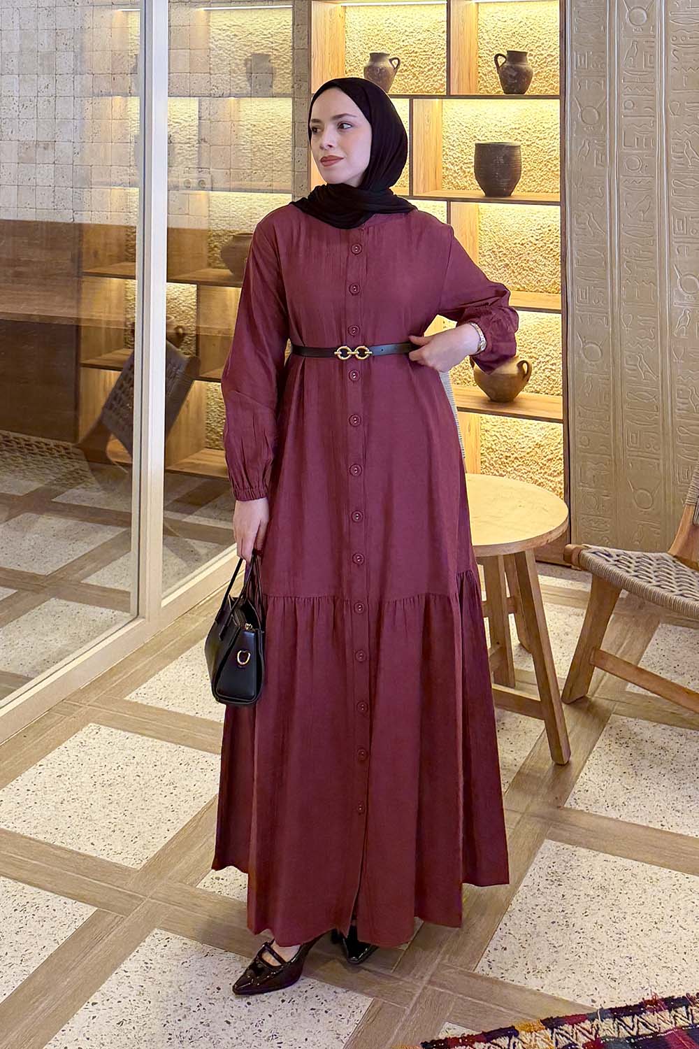 Claret Red Crew Neck Cotton Unprinted Dresess
