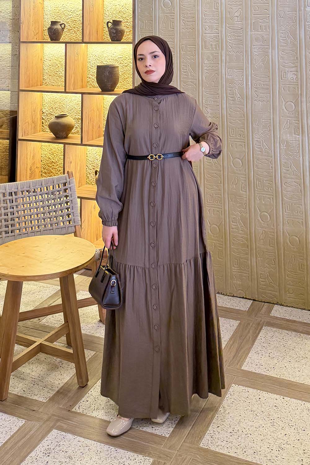 Brown Crew Neck Cotton Unprinted Dresess