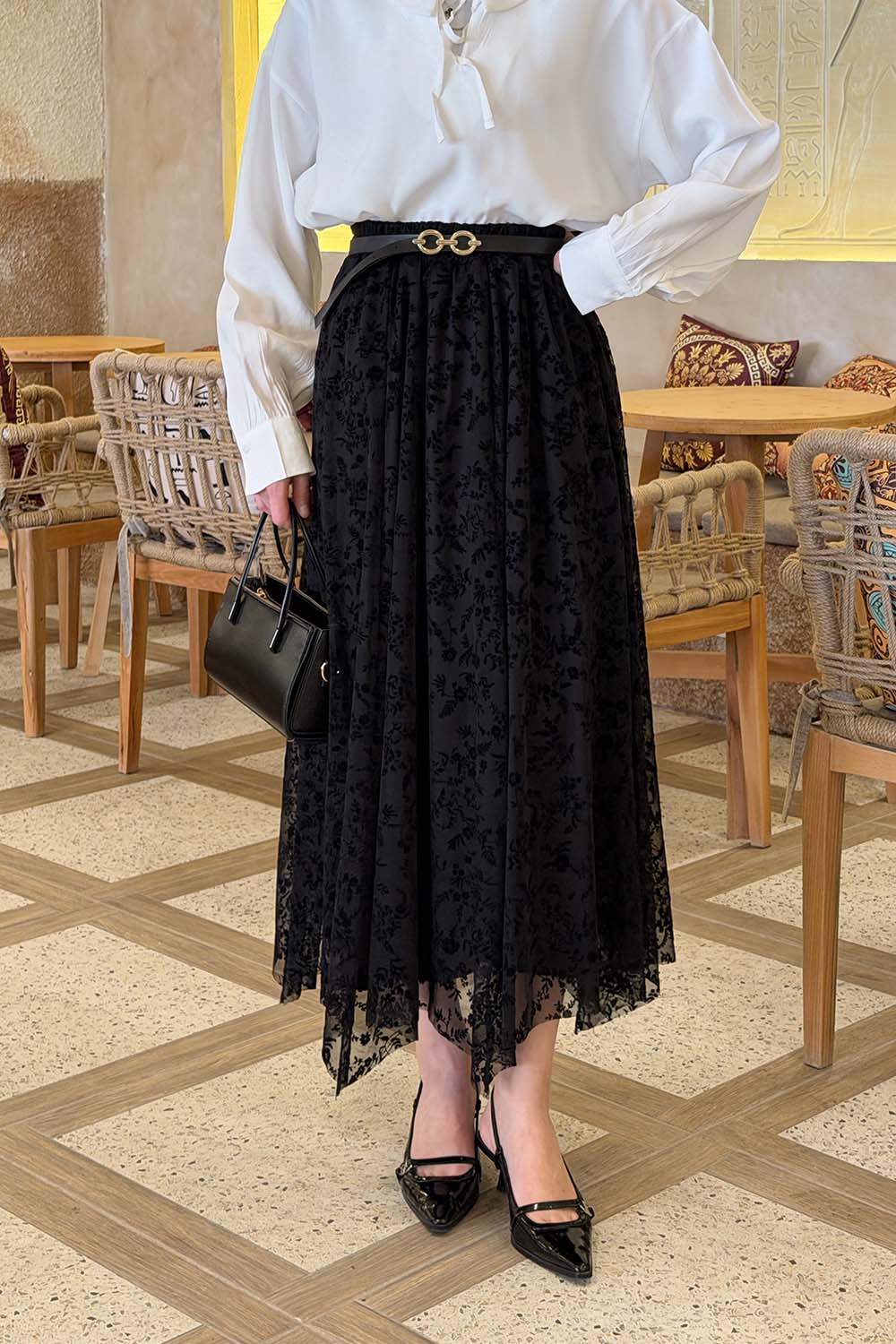 Black Cotton Printed Flare Skirt