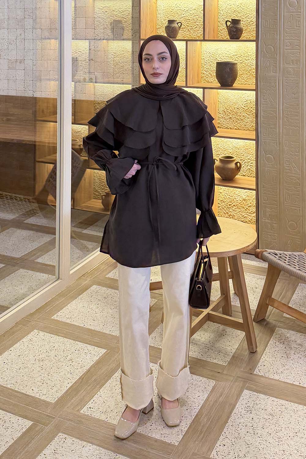 Lamelif Geniş Katlı Yakalı Gömlek Acı Kahve