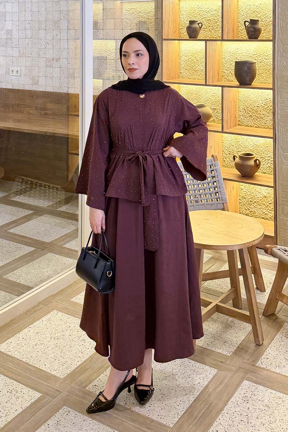 Lamelif Taşlı Bağlamalı Takım Bordo