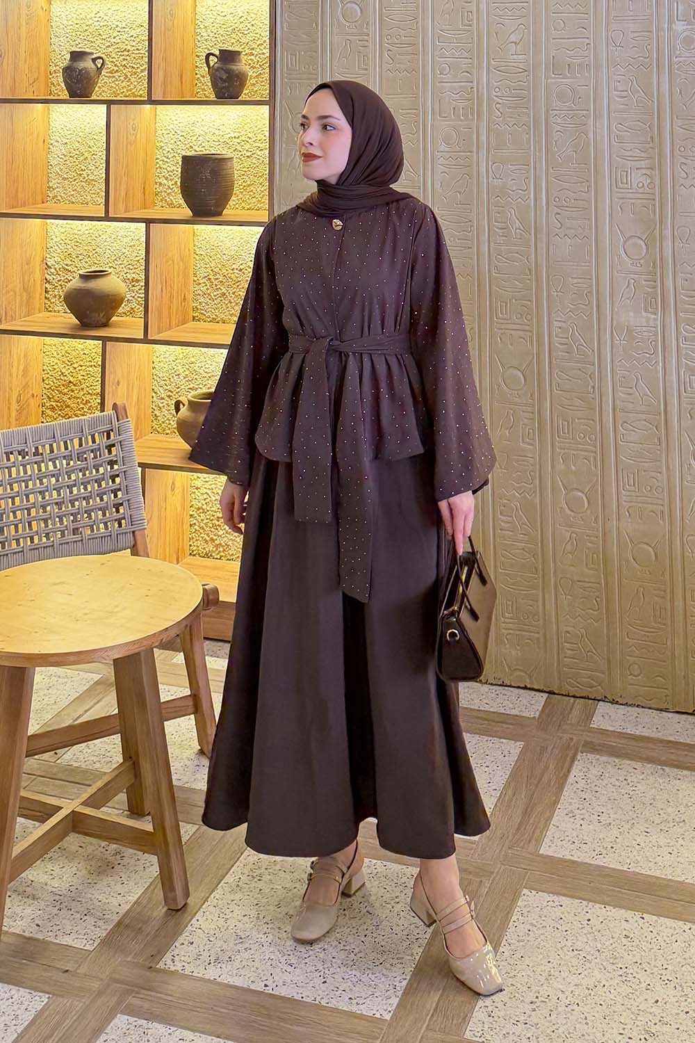 Lamelif Taşlı Bağlamalı Takım Soft Kahve