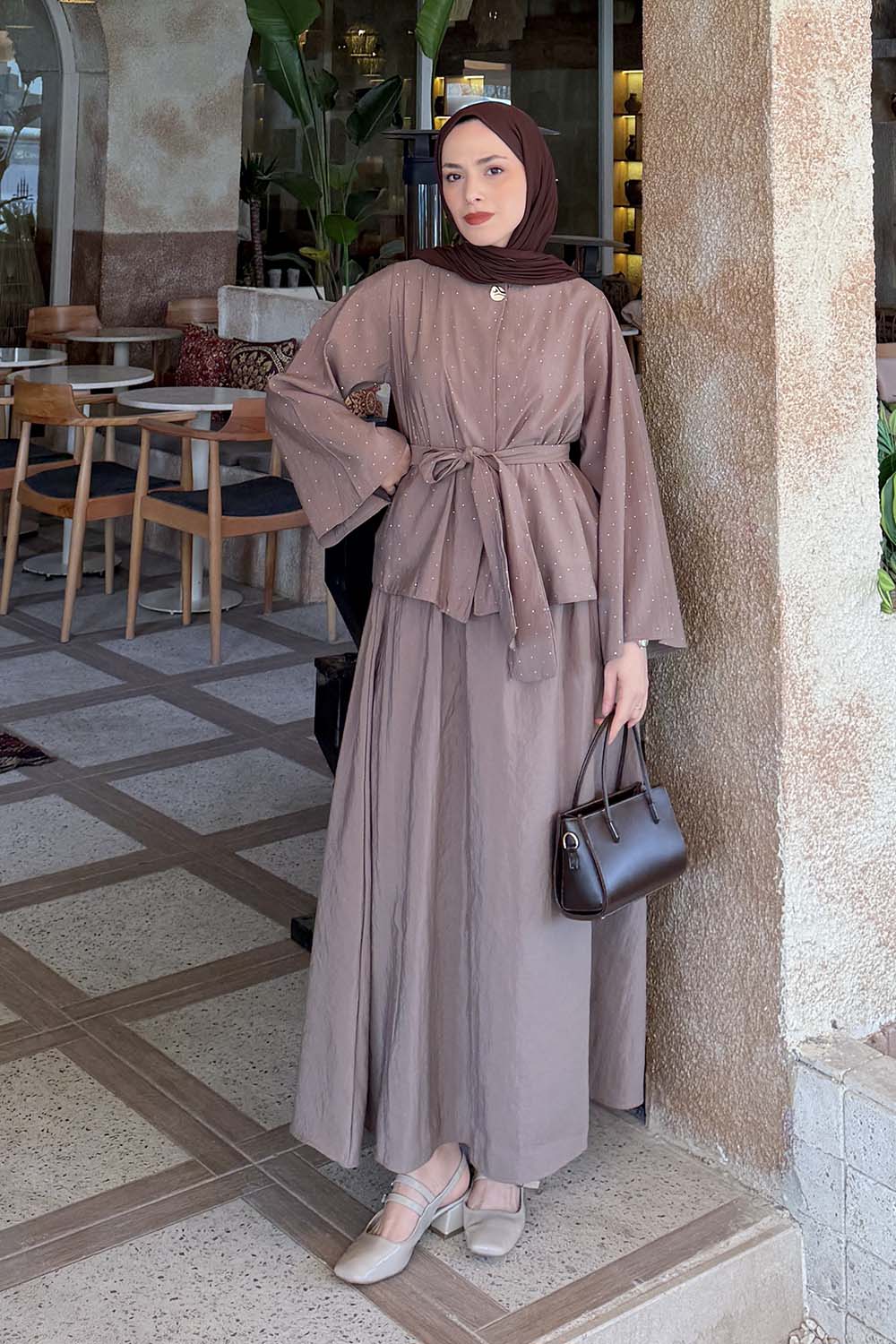 Mink Crew Neck Long Arm Cotton Polyester Straight Skirt Suit
