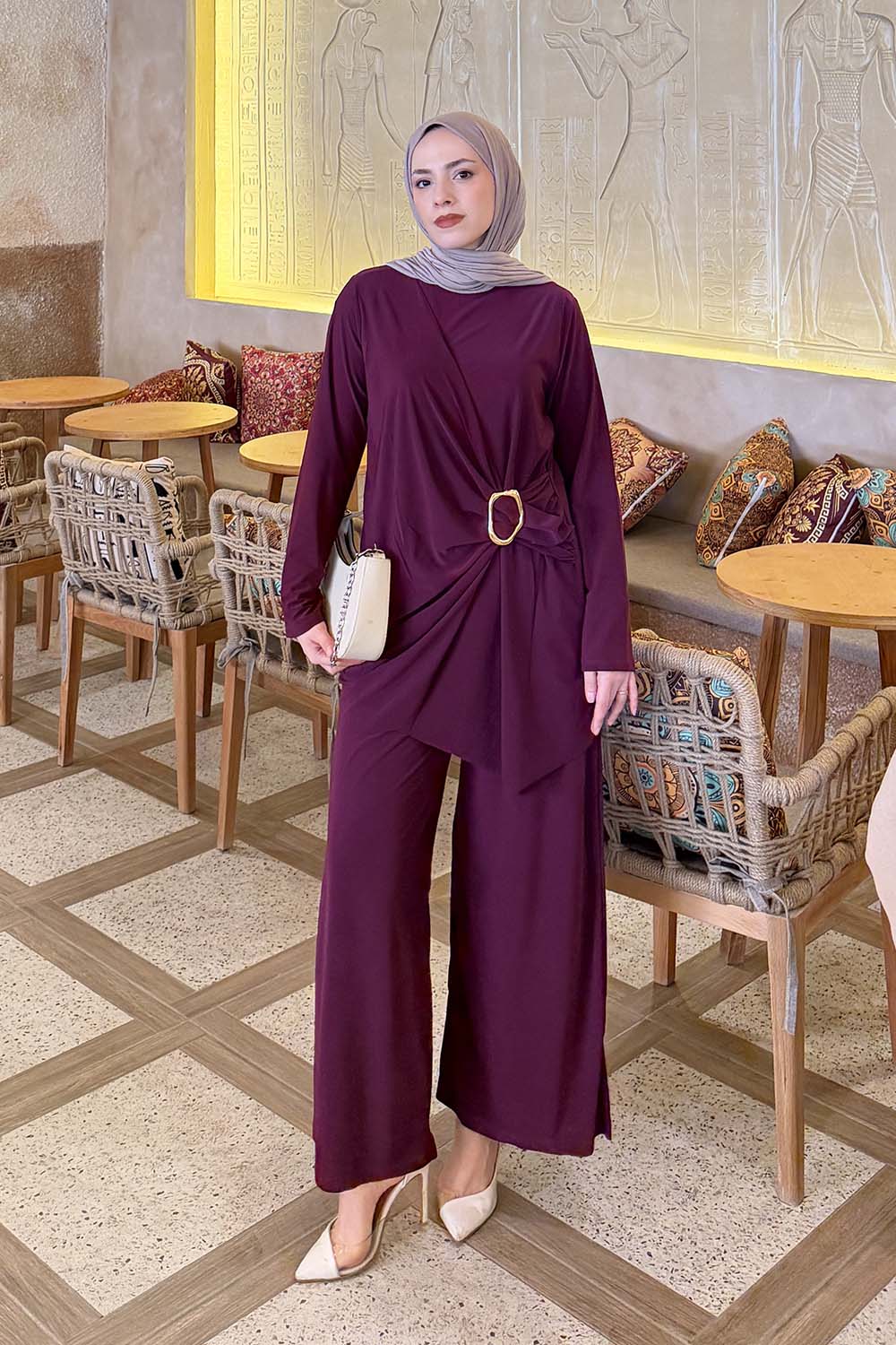 Lamelif Toka Detaylı Asimetrik Takım Patlıcan Moru