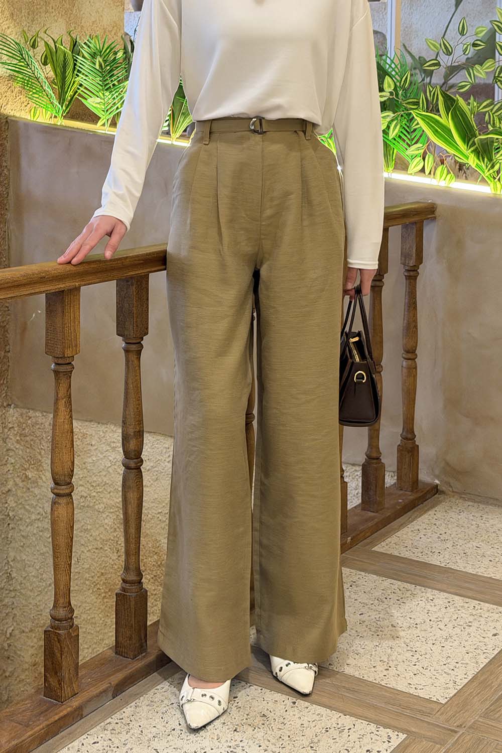 Lamelif Toka Detaylı Geniş Paça Pantolon Camel