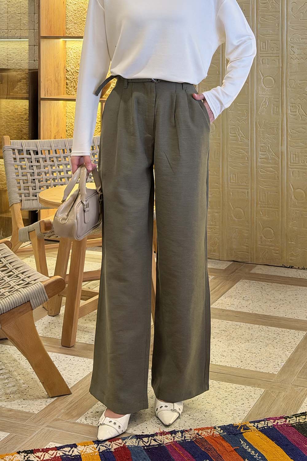 Lamelif Toka Detaylı Geniş Paça Pantolon Haki