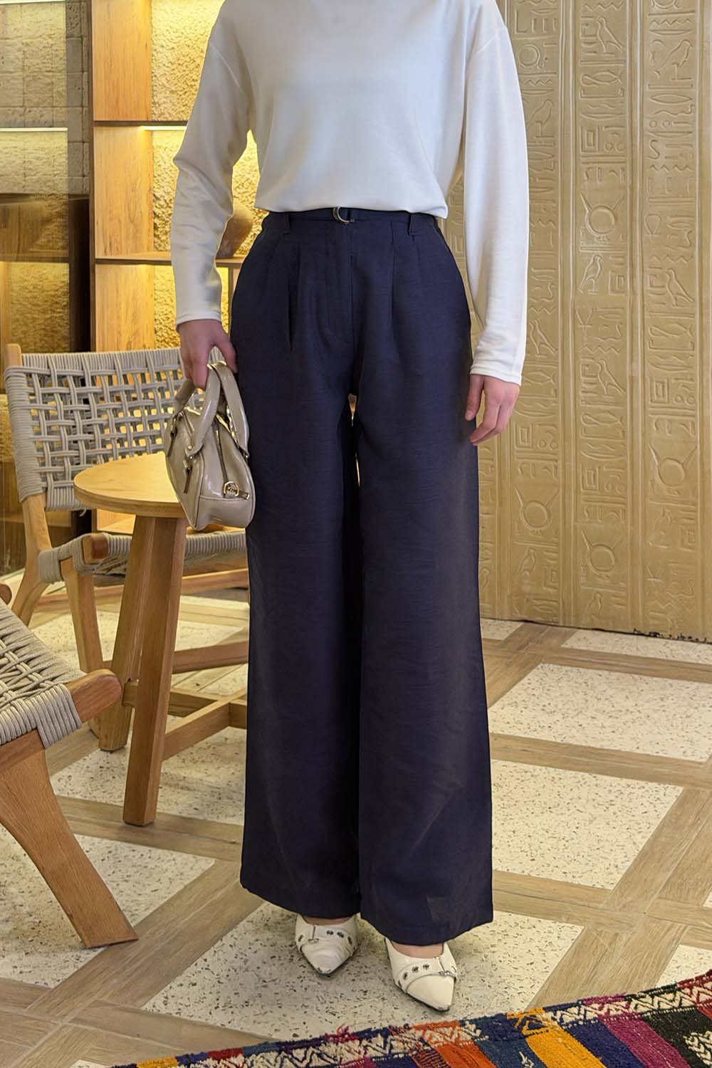 Lamelif Toka Detaylı Geniş Paça Pantolon Lacivert