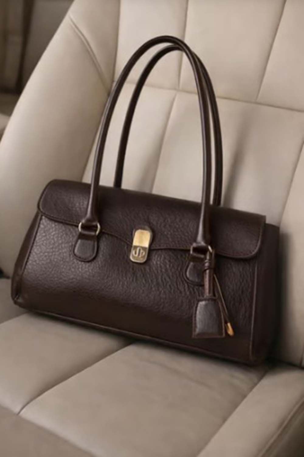 Lamelif Tokalı Deri Charmlı Yatay Klasik Omuz Çantası Acı Kahve