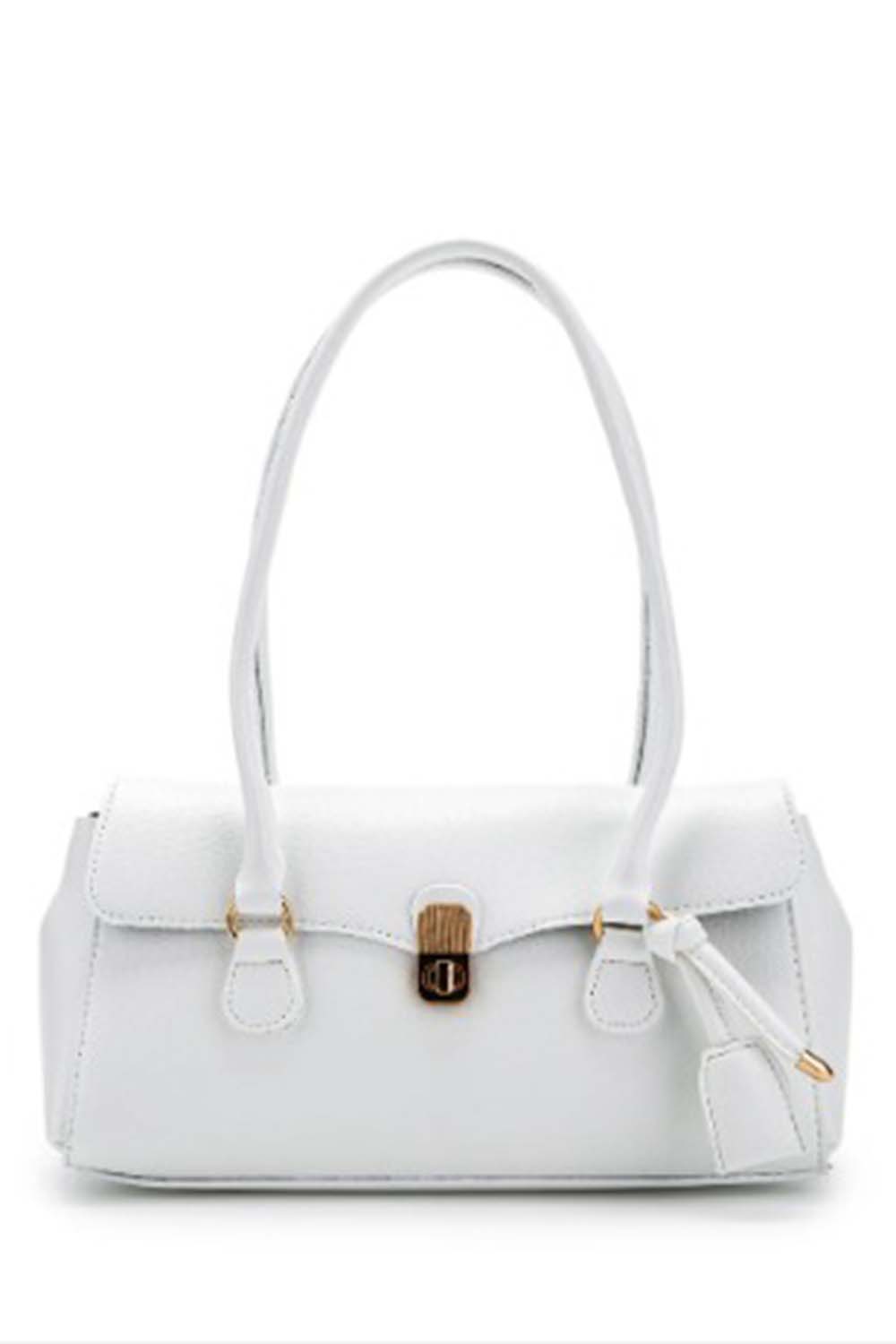 Lamelif Tokalı Deri Charmlı Yatay Klasik Omuz Çantası Beyaz