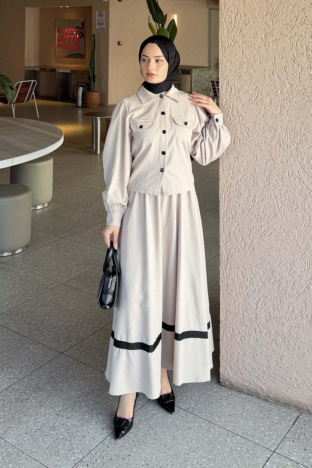 Lamelif Cep Detaylı Etekli Takım Taş Rengi