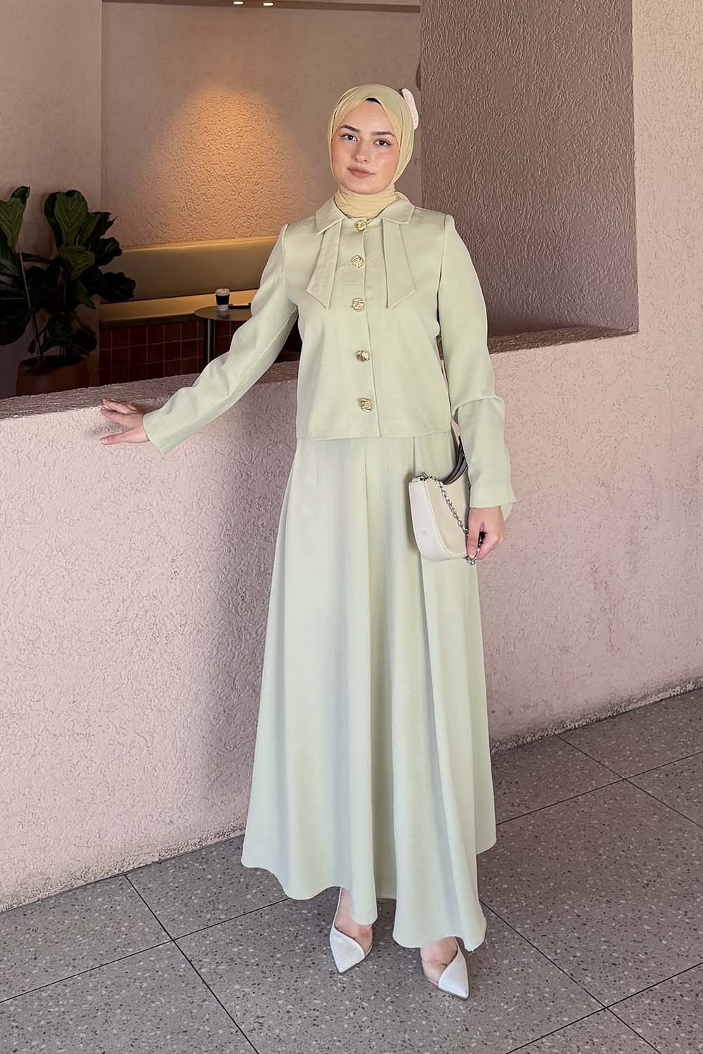 Lamelif Fiyonk Görünümlü Çift Yaka Takım Mint Yeşili