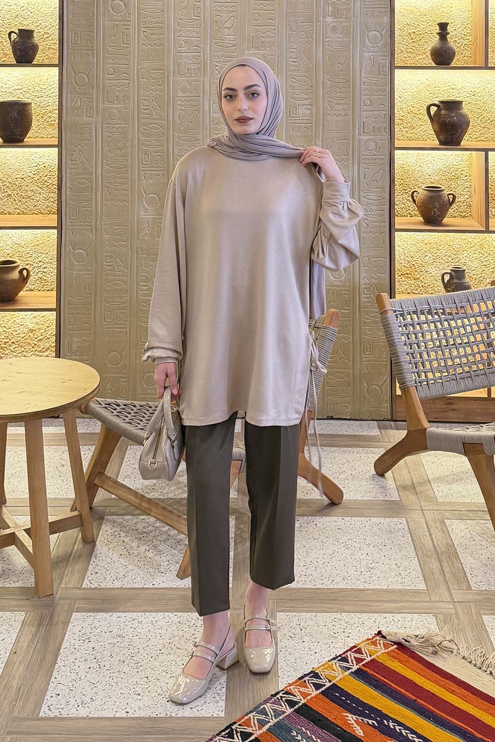 Lamelif Bağlamalı Tunik Bej