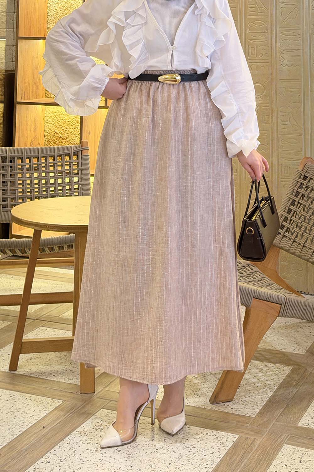 Lamelif Çizgili Tesettür Etek Somon