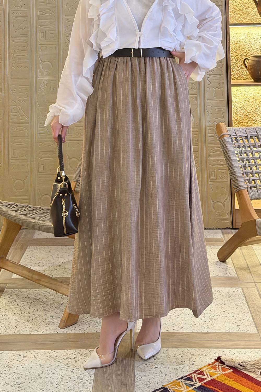 Lamelif Çizgili Tesettür Etek Vizonrengi