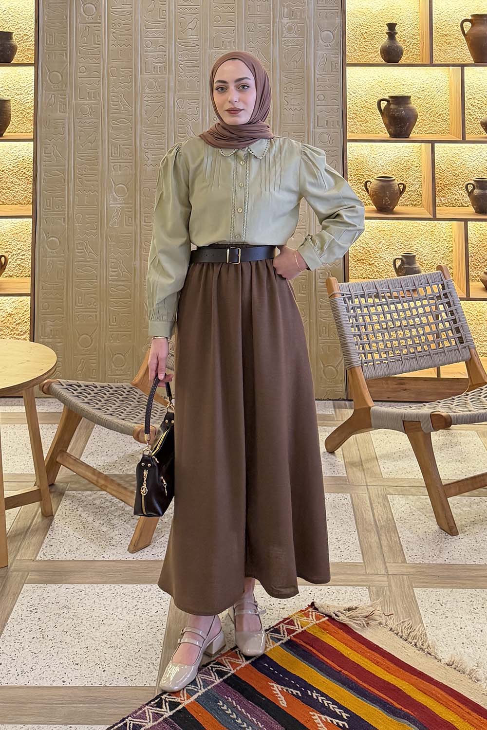 Plum Green Shirt Collar Long Arm Viscose Fabric Shirt