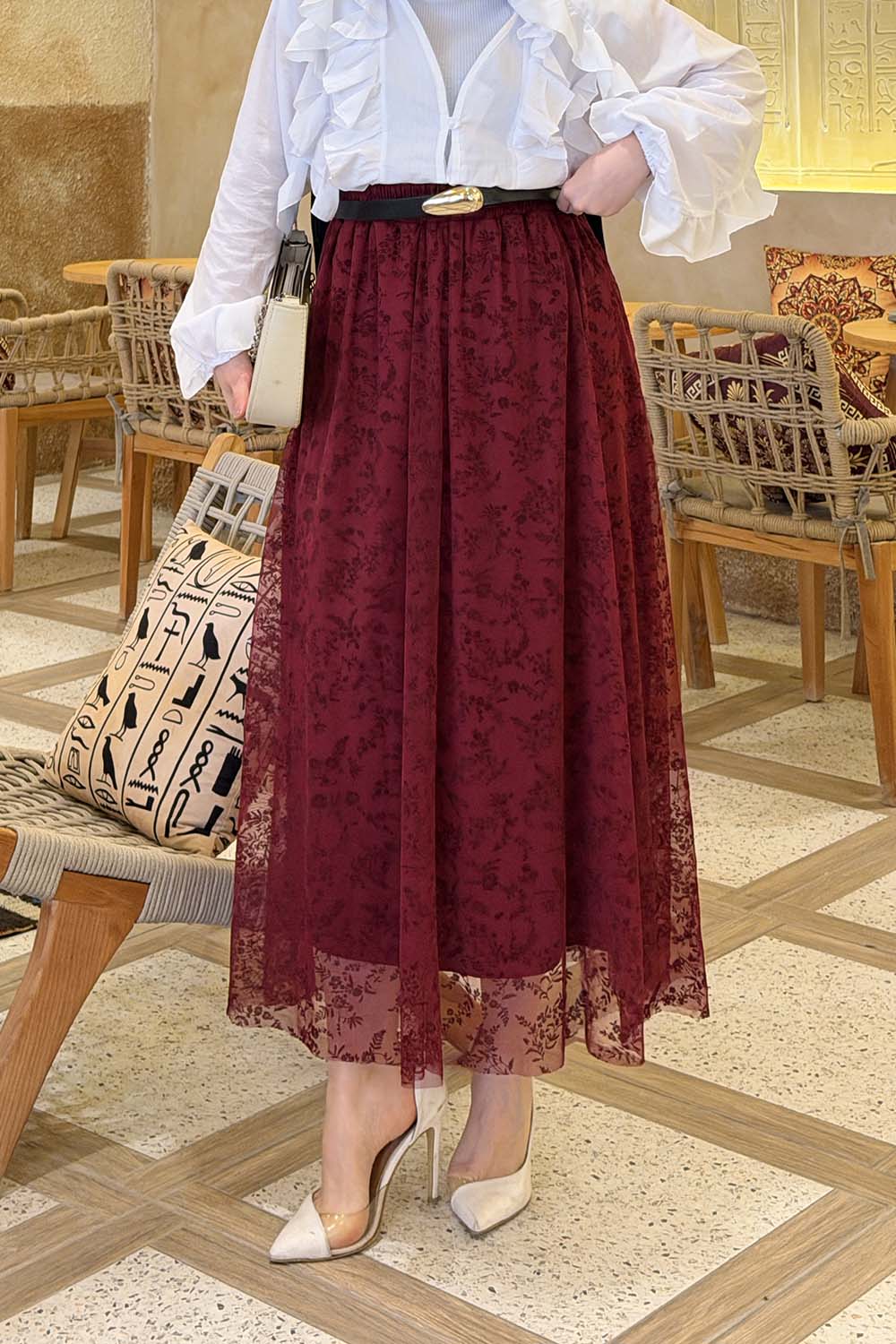 Lamelif Floklu Etek Mürdüm